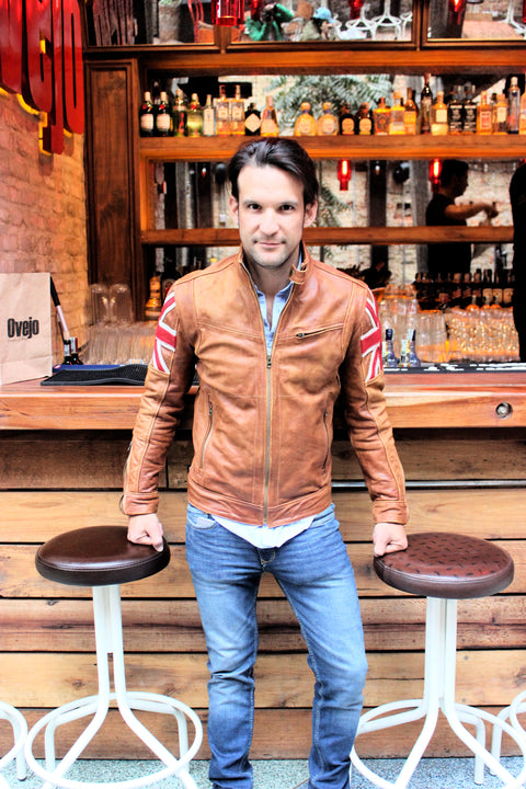 UNION JACK Leather Jacket in Brown Color British Flag Cafe Racer- Limited Ed - PDCollection Leatherwear - Online Shop
