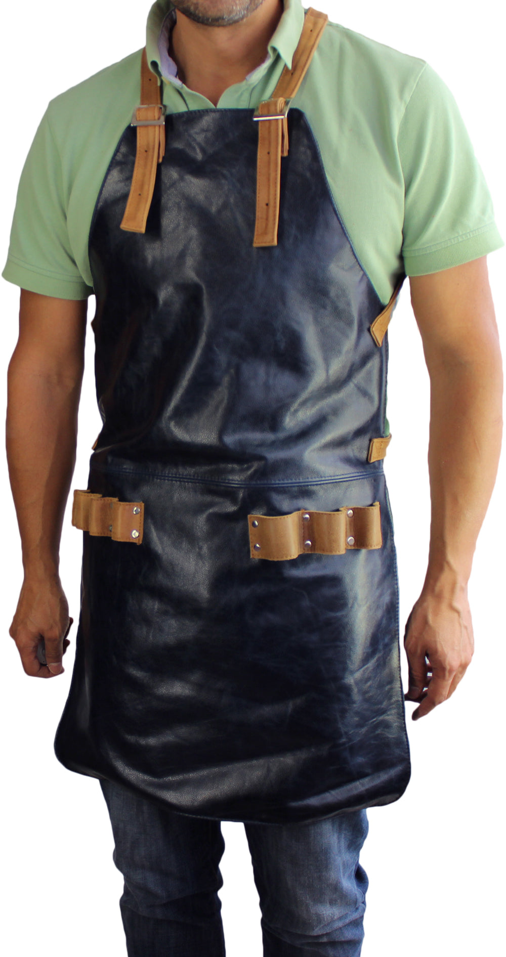 DANNY Leather Apron in Genuine Cowhide Blue Mens Customizable Name Baristas BBQ Kitchen Restaurants - PDCollection Leatherwear - Online Shop