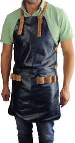 DANNY Leather Apron in Genuine Cowhide Blue Mens Customizable Name Baristas BBQ Kitchen Restaurants - PDCollection Leatherwear - Online Shop