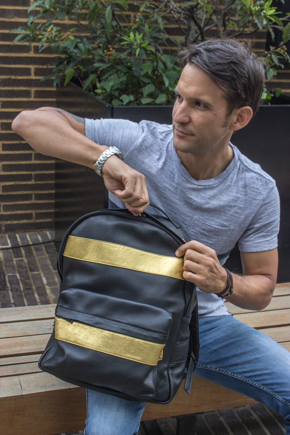 GOLD LB Leather Bag backpack in Black and gold stripes - PDCollection Leatherwear - Online Shop