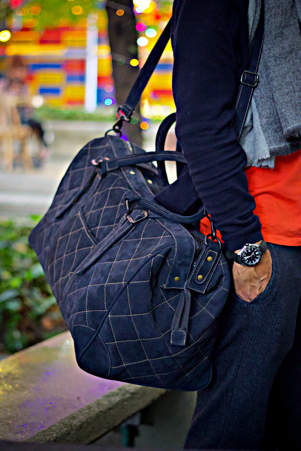 WEEKEND LUX Quilted Leather Bag in Midnight Blue Suede