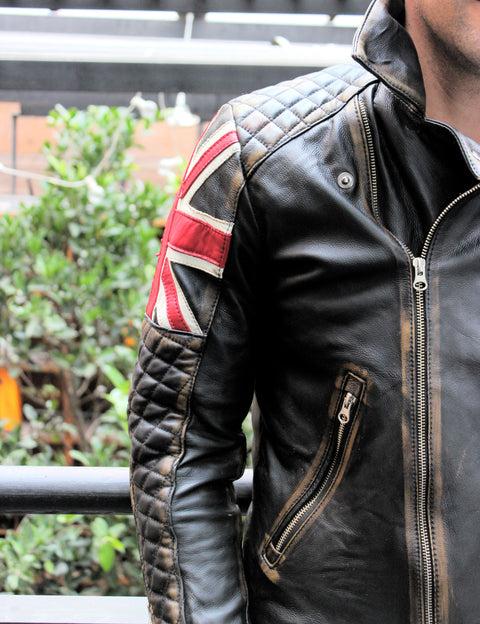 UNION JACK Leather Jacket in Distressed Black Color British Flag Cafe Racer- Limited Ed - PDCollection Leatherwear - Online Shop