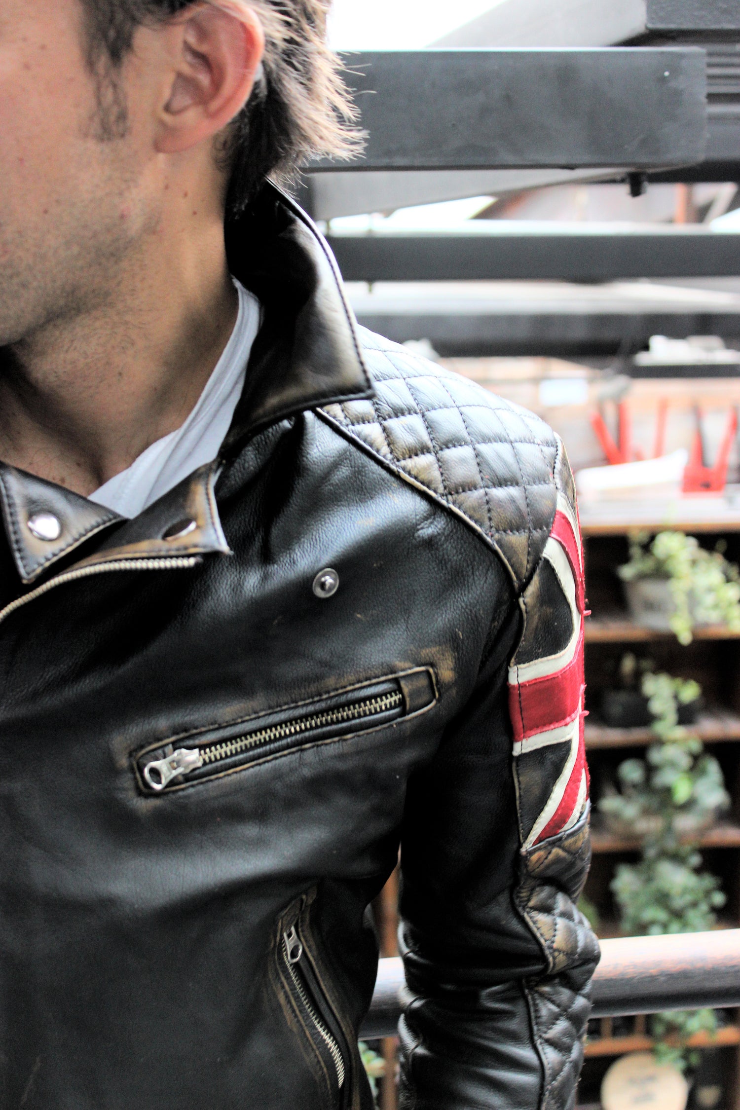 UNION JACK Leather Jacket in Distressed Black Color British Flag Cafe Racer- Limited Ed - PDCollection Leatherwear - Online Shop