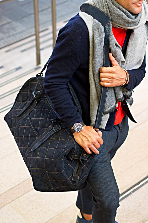 WEEKEND LUX Quilted Leather Bag in Midnight Blue Suede