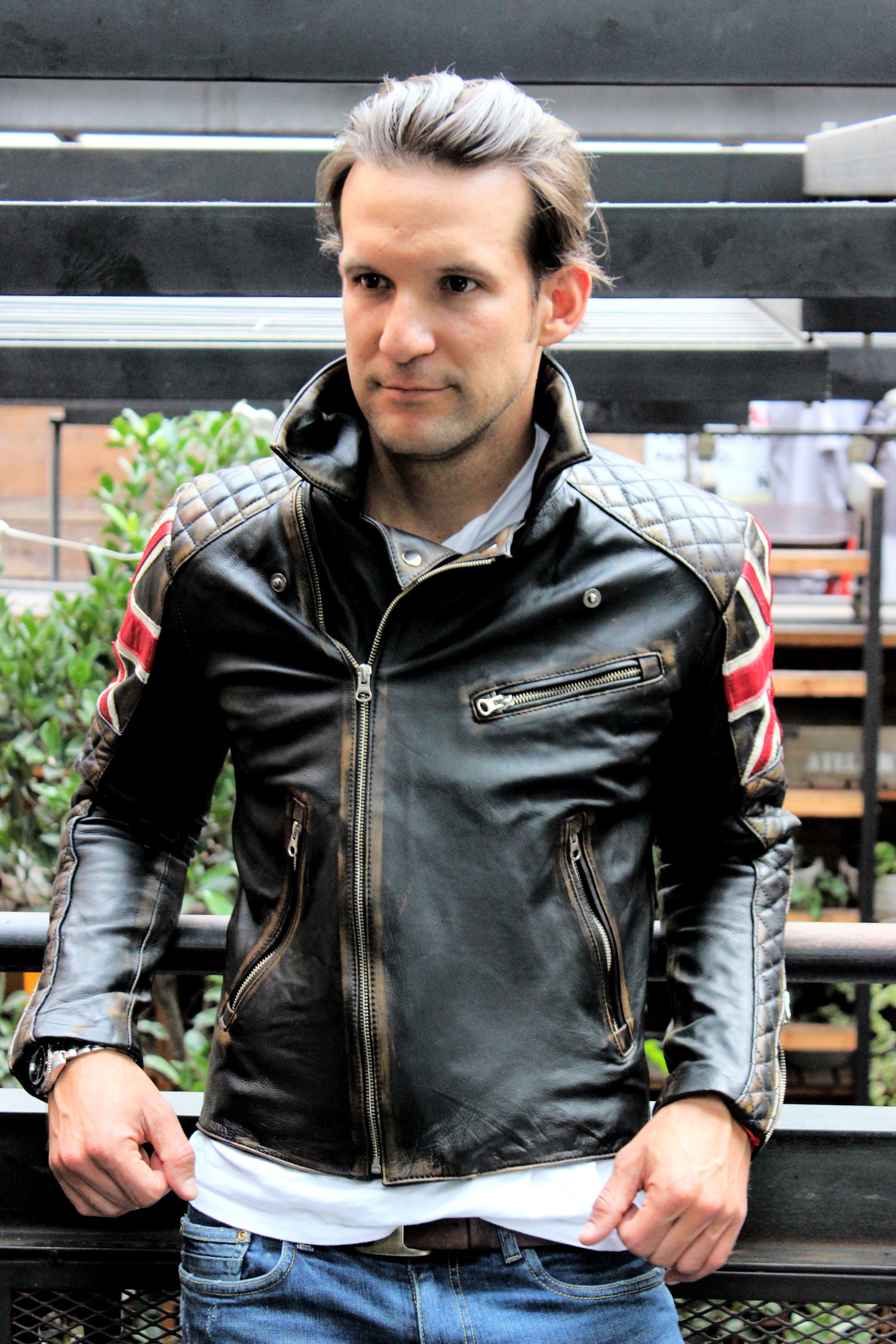 UNION JACK Leather Jacket in Distressed Black Color British Flag Cafe Racer- Limited Ed - PDCollection Leatherwear - Online Shop
