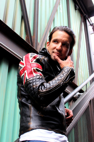 UNION JACK Leather Jacket in Distressed Black Color British Flag Cafe Racer- Limited Ed - PDCollection Leatherwear - Online Shop