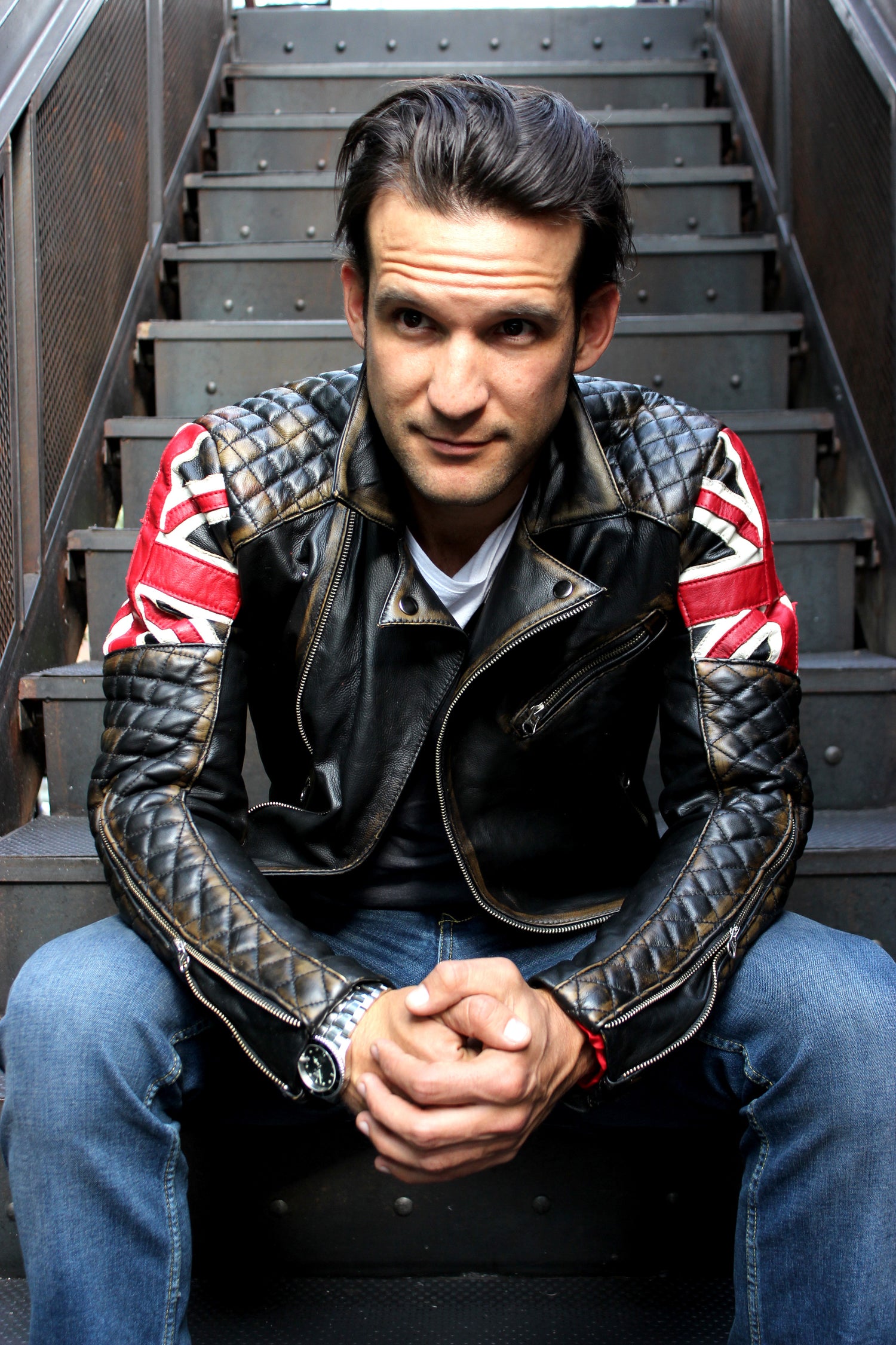 UNION JACK Leather Jacket in Distressed Black Color British Flag Cafe Racer- Limited Ed - PDCollection Leatherwear - Online Shop