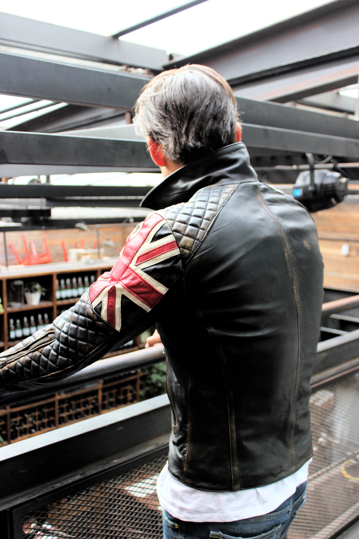 UNION JACK Leather Jacket in Distressed Black Color British Flag Cafe Racer- Limited Ed - PDCollection Leatherwear - Online Shop