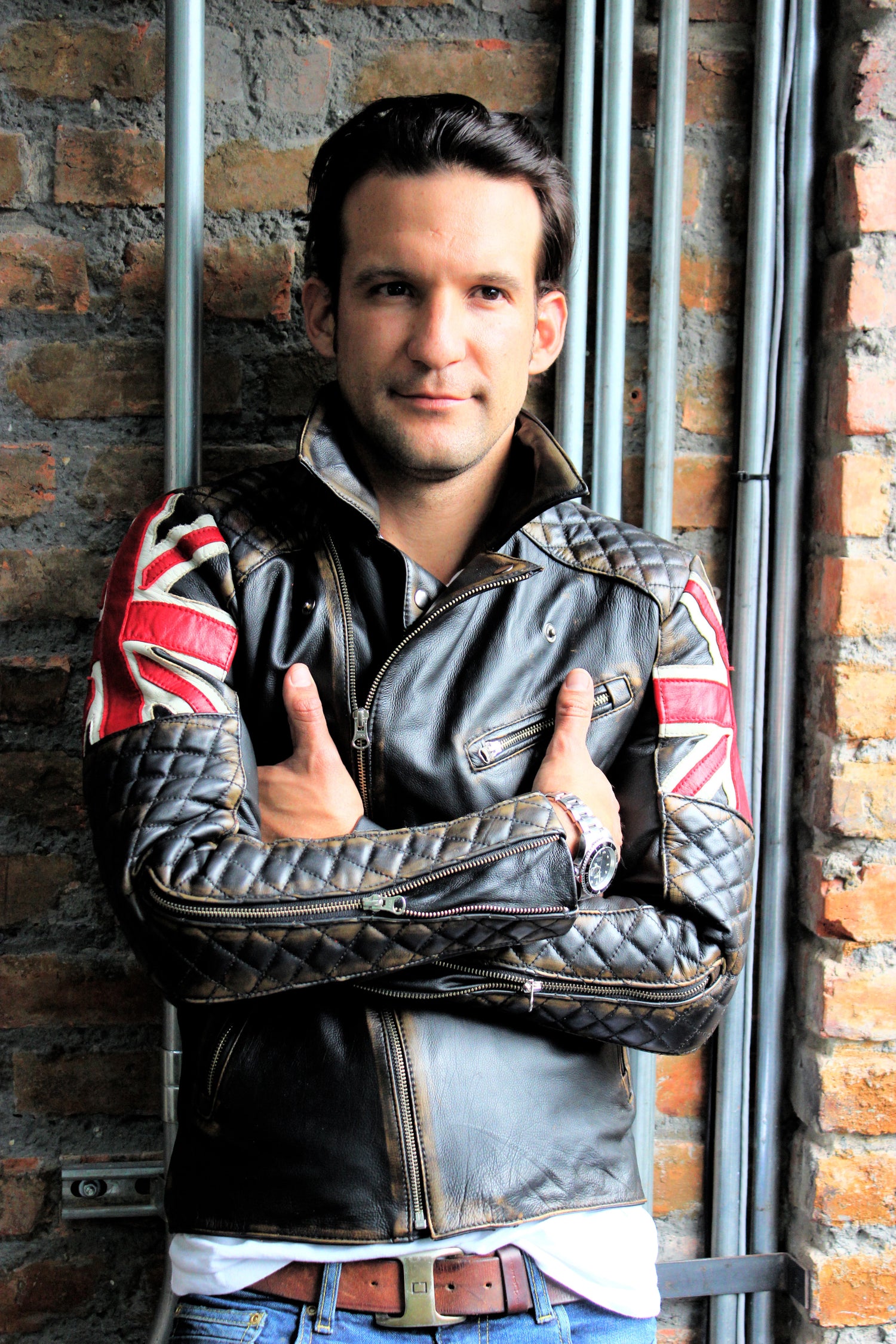 UNION JACK Leather Jacket in Distressed Black Color British Flag Cafe Racer- Limited Ed - PDCollection Leatherwear - Online Shop
