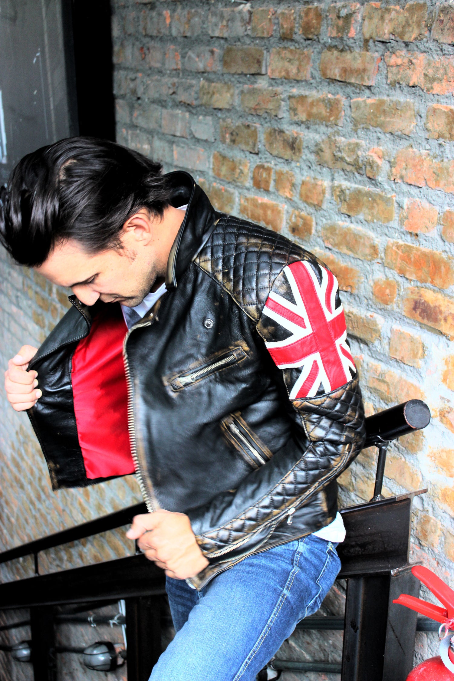 UNION JACK Leather Jacket in Distressed Black Color British Flag Cafe Racer- Limited Ed - PDCollection Leatherwear - Online Shop