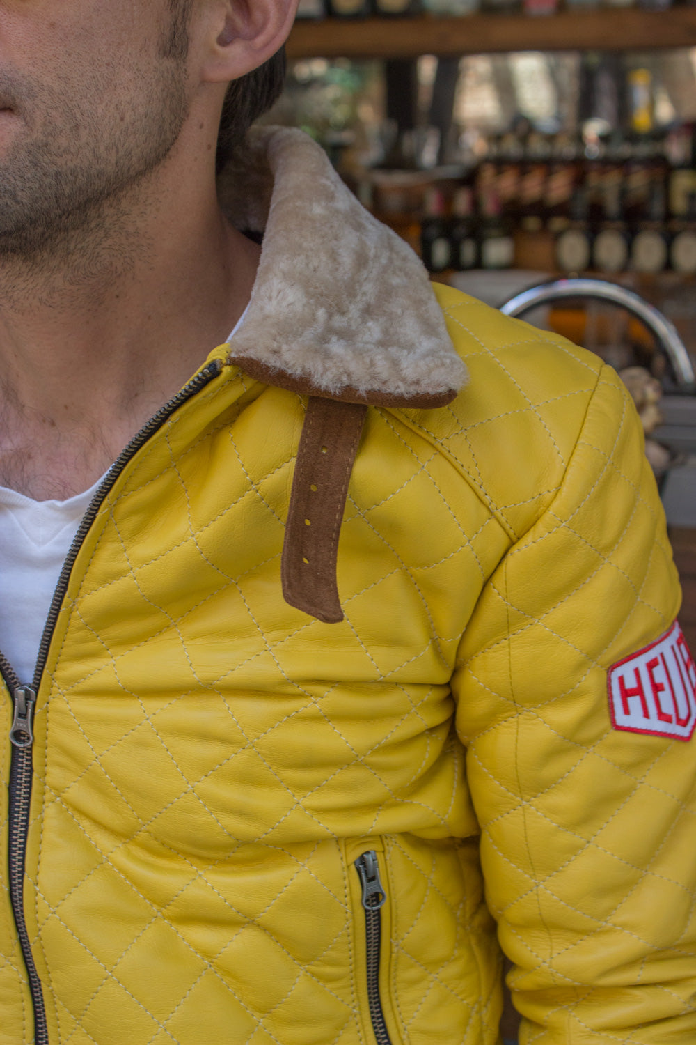 EVEREAST Leather Jacket Shearling Collar Quilted, #HEUER Ed ...