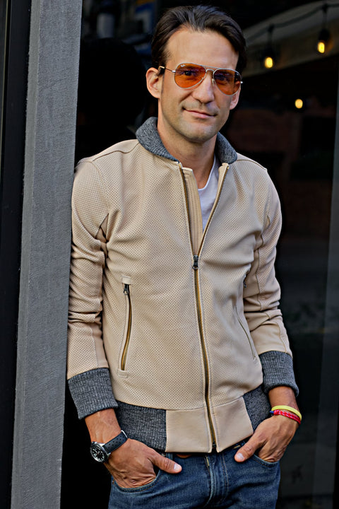 GRAND PRIX Bomber Jacket in Perforated Suede - Beige