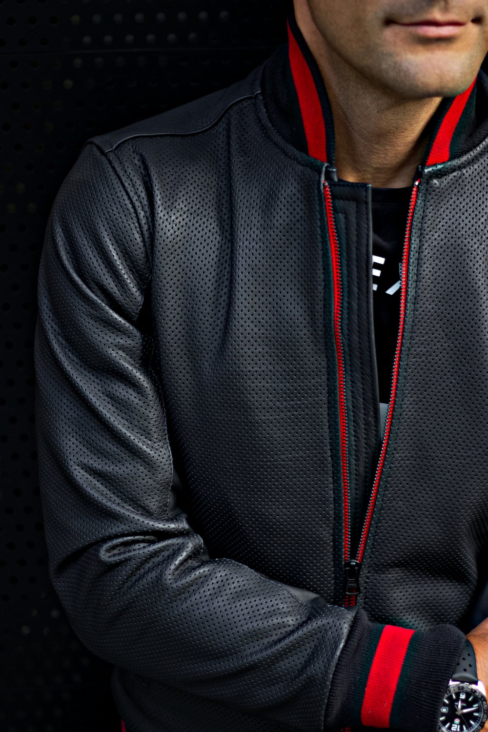 LUXUS II Bomber Jacket in Perforated Leather Black - Red Stripe