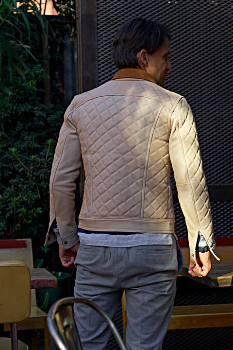 TENNESSEE AX Fancy Trucker Jacket in Raw Code Quilted Leather - Beige