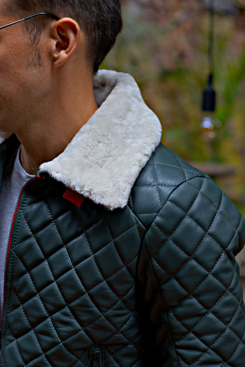 EVEREAST GR Green Leather Jacket Shearling Collar Quilted Ed.