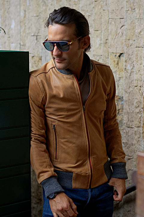 Grand Prix Bomber Jacket in Perforated Aged Leather - Dried Leaf Brown