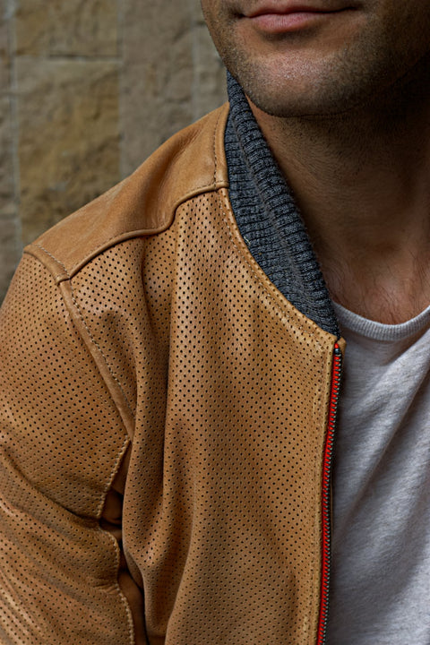 Grand Prix Bomber Jacket in Perforated Aged Leather - Dried Leaf Brown