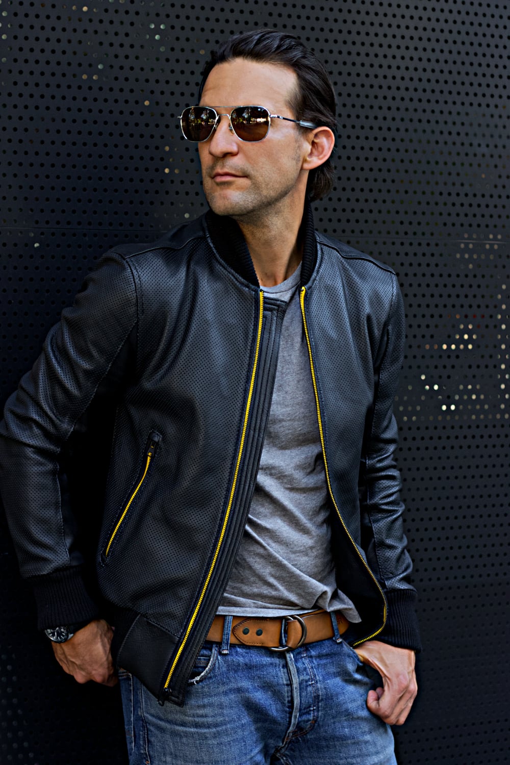 LUXUS HI TECH Leather Jacket Bomber lightweight - Perforated - Black & Yellow