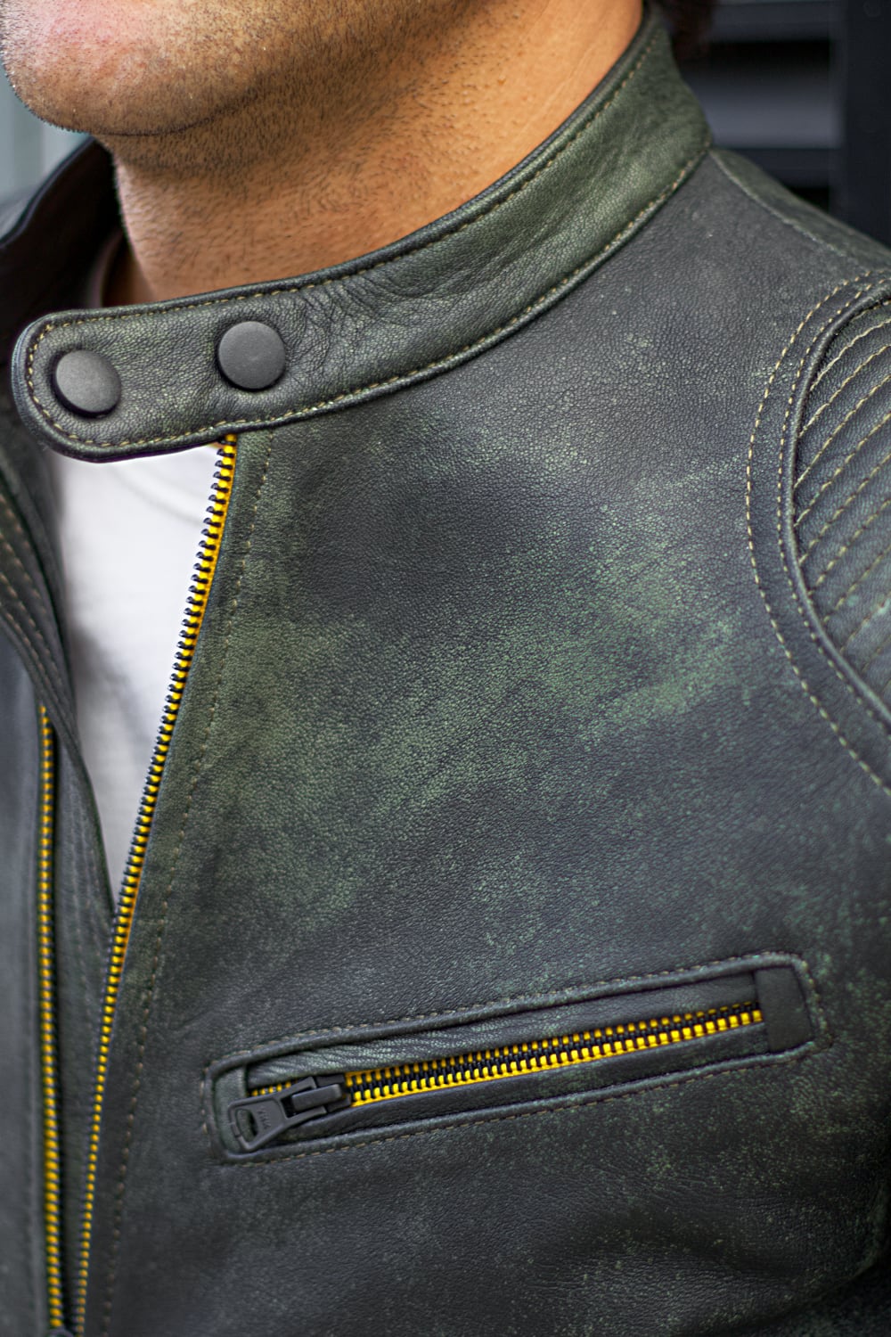 FALLOUT Leather JacketDistressed Green - Cafe Racer