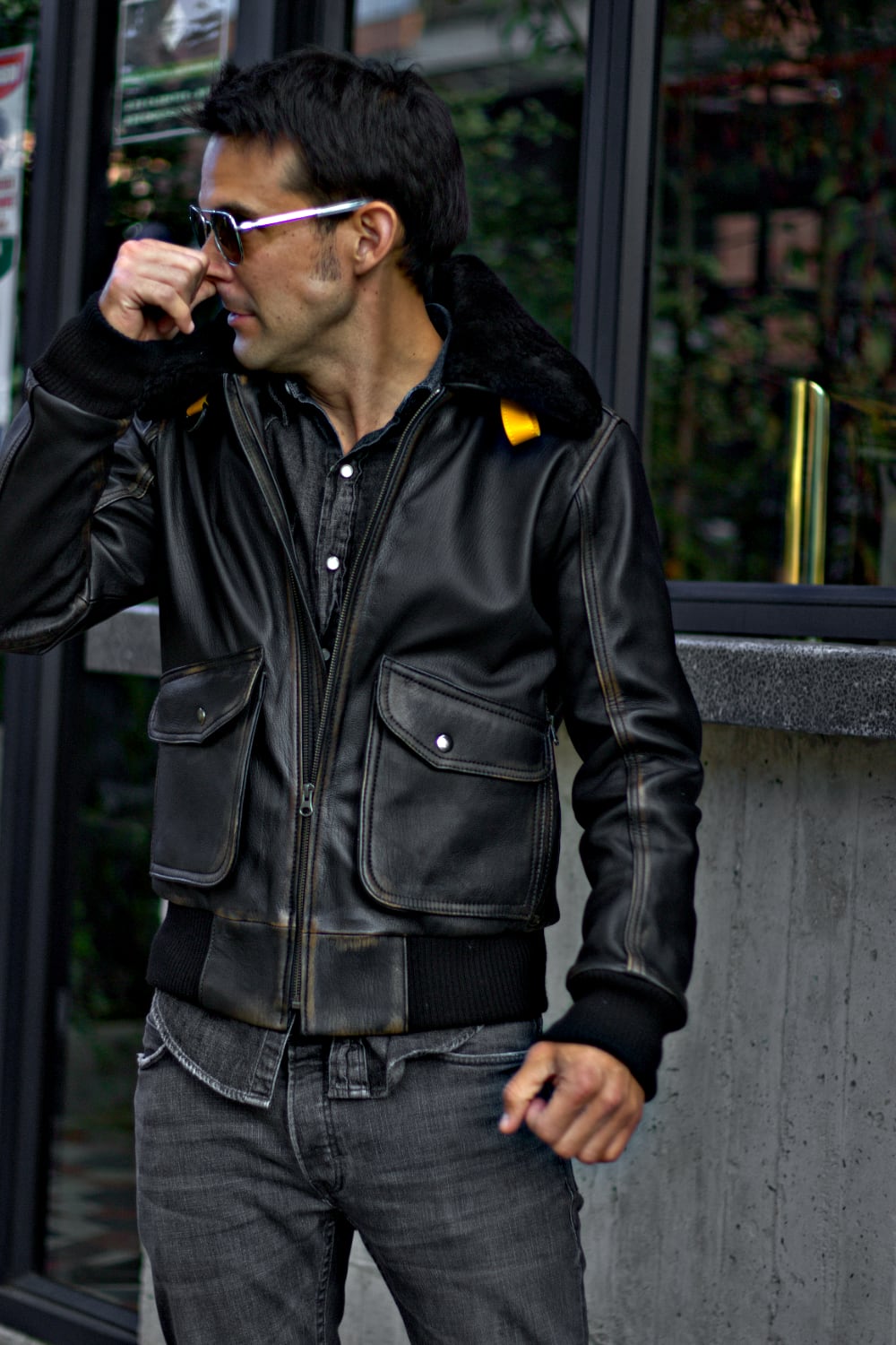 B52 PILOT Leather Jacket - Distressed Black- Shearling