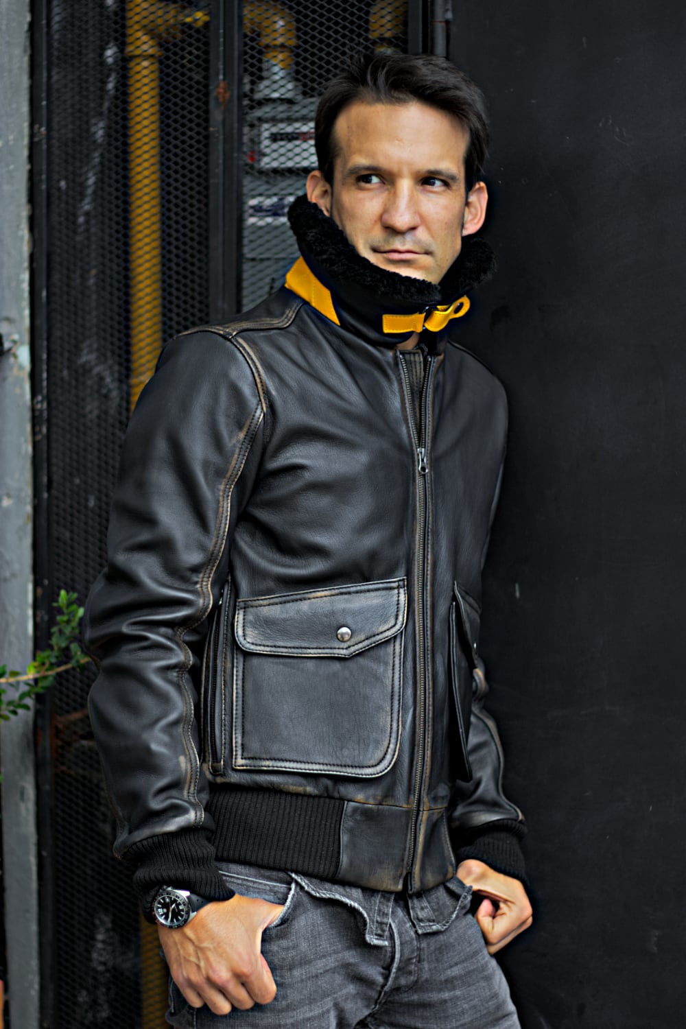 B52 PILOT Leather Jacket - Distressed Black- Shearling