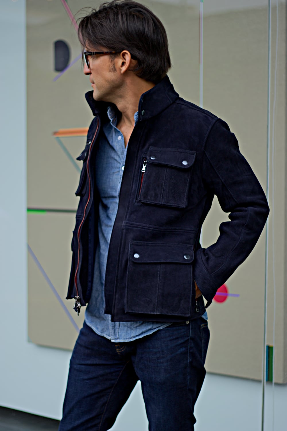 FIELD FR SH Leather Jacket Dark Blue  - Nubuck Suede - Short-Length