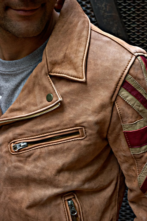 UNION JACK Leather Jacket in Stone Washed British Flag Cafe Racer- Limited Ed