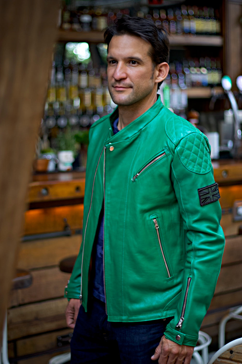 LOTUS BRT Leather Jacket Green  - British Flag