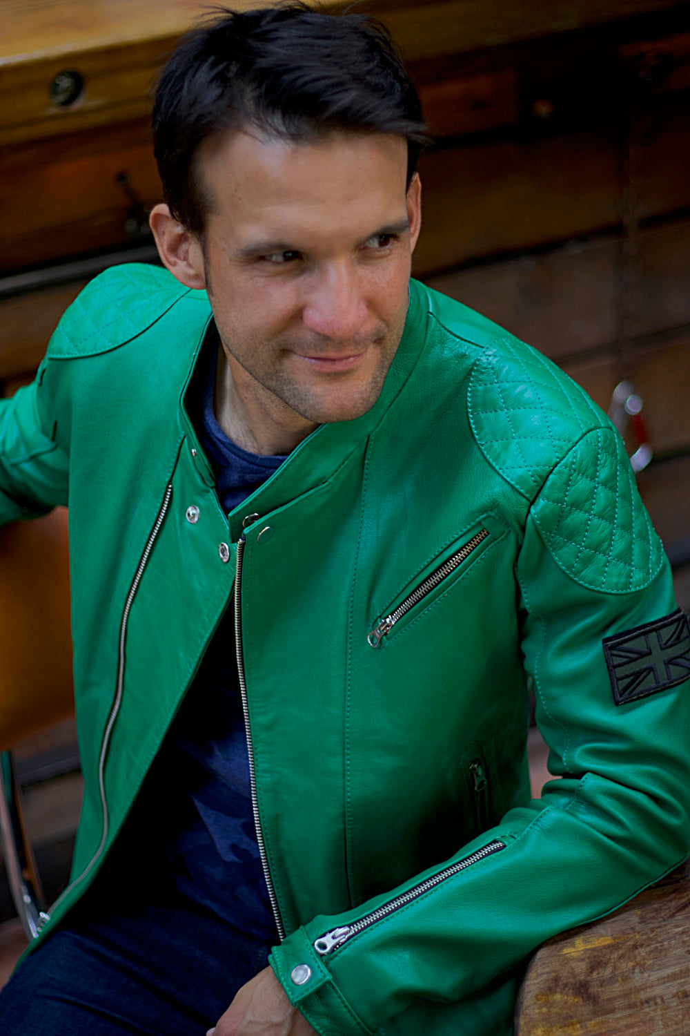 LOTUS BRT Leather Jacket Green  - British Flag