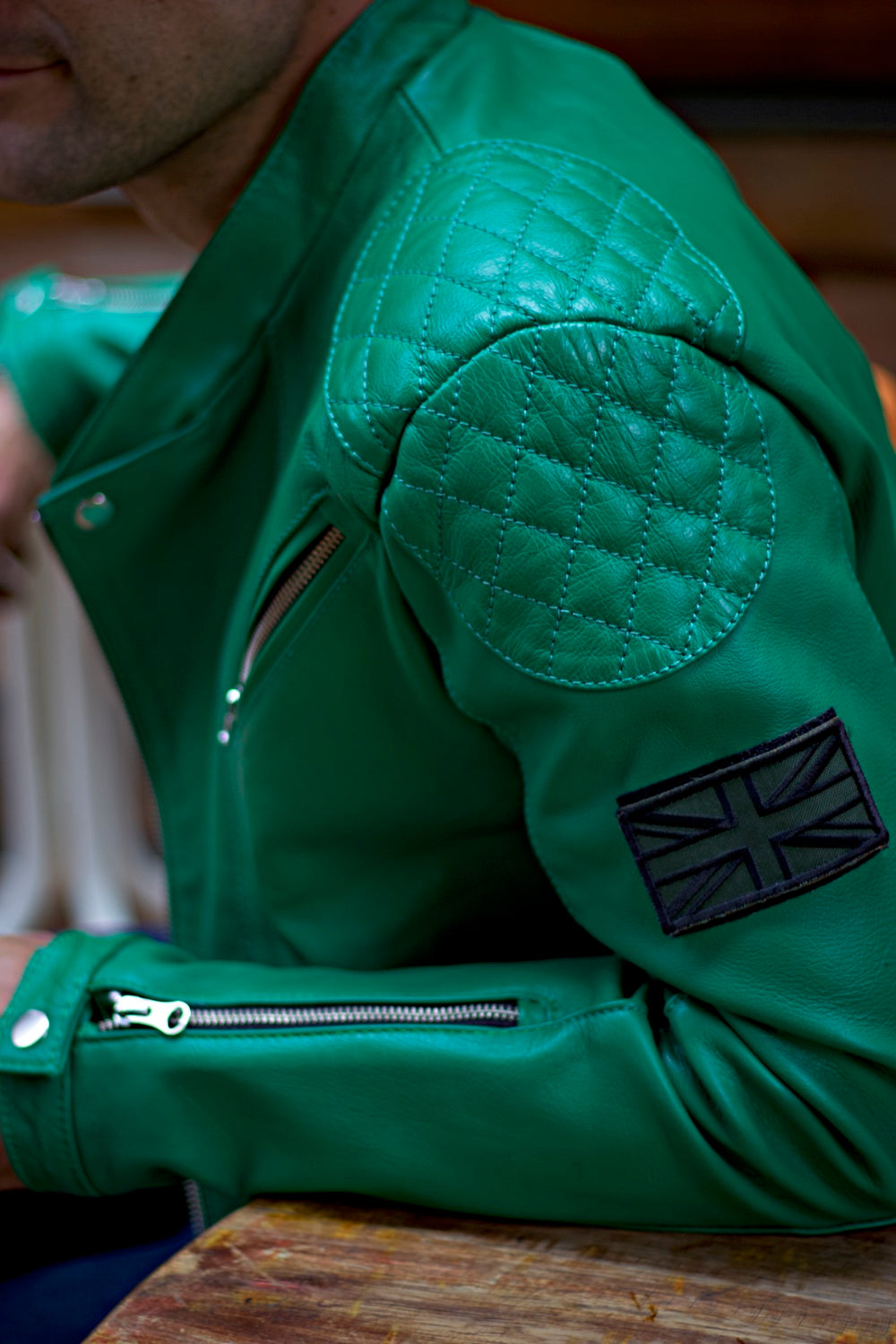 LOTUS BRT Leather Jacket Green  - British Flag