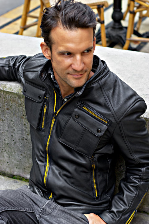 MI6 Leather Jacket - Double Cargo Pockets in Black & Yellow