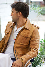 JACOB LUKAS LG Leather Retro Jacket in Distressed Pre-washed Tan