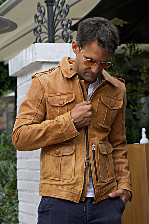 JACOB LUKAS LG Leather Retro Jacket in Distressed Pre-washed Tan