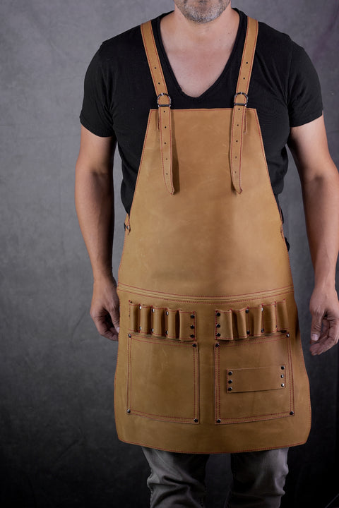 2S Leather Apron in Genuine Leather Camel  Custom-Made Name Initials - Baristas BBQ Kitchen Artist