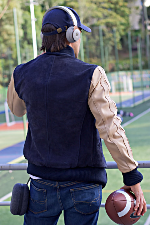 BOSTON 80 Leather Buffalo Suede Varsity Jacket - Blue & Ivory Stripes Raw Code