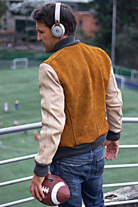 BOSTON 80 Leather Buffalo Suede Varsity Jacket - Cinnamon & Ivory Stripes Raw Code