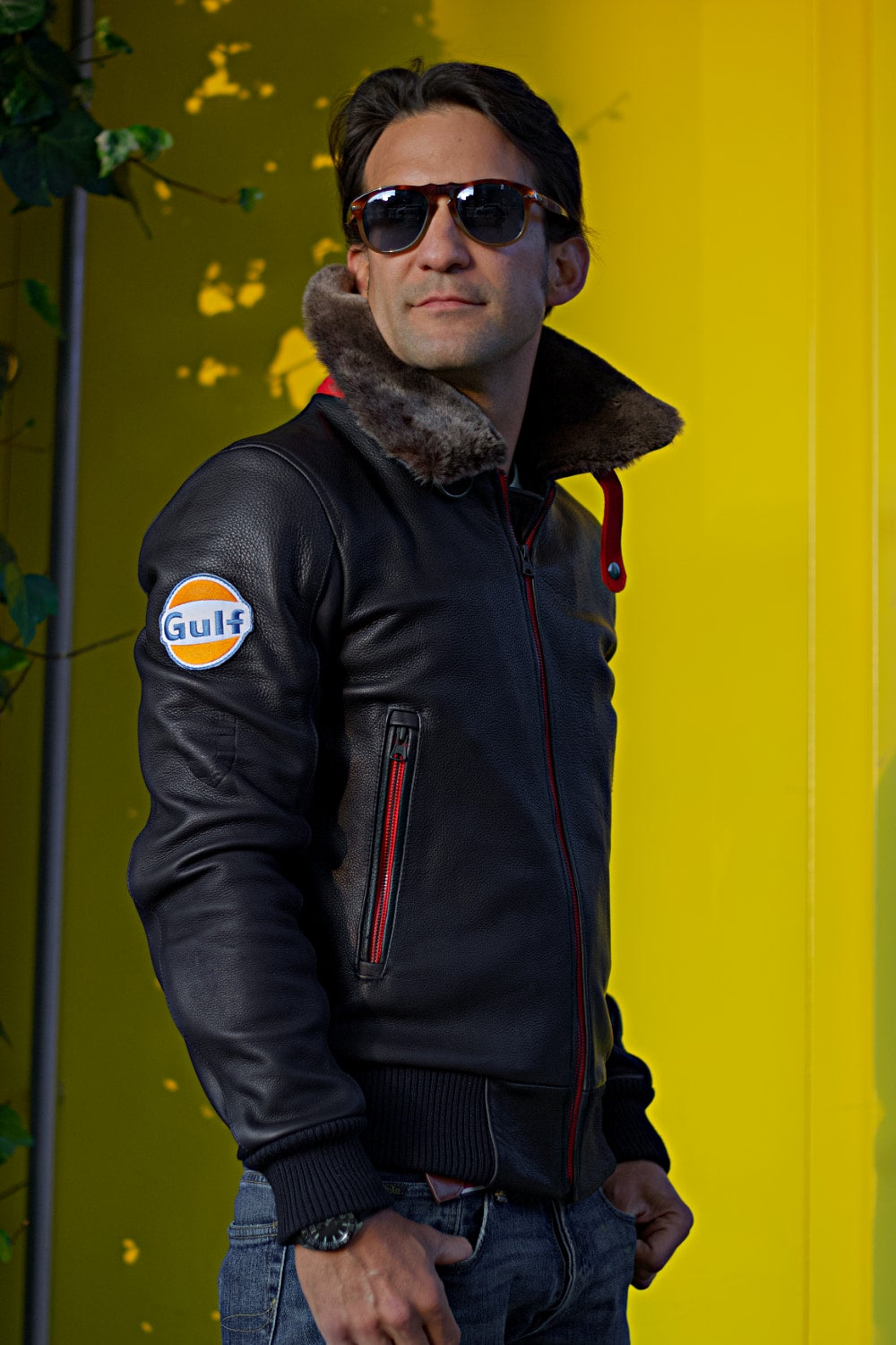 LE MANS Gulf Ed. Leather Jacket Shearling Collar Black