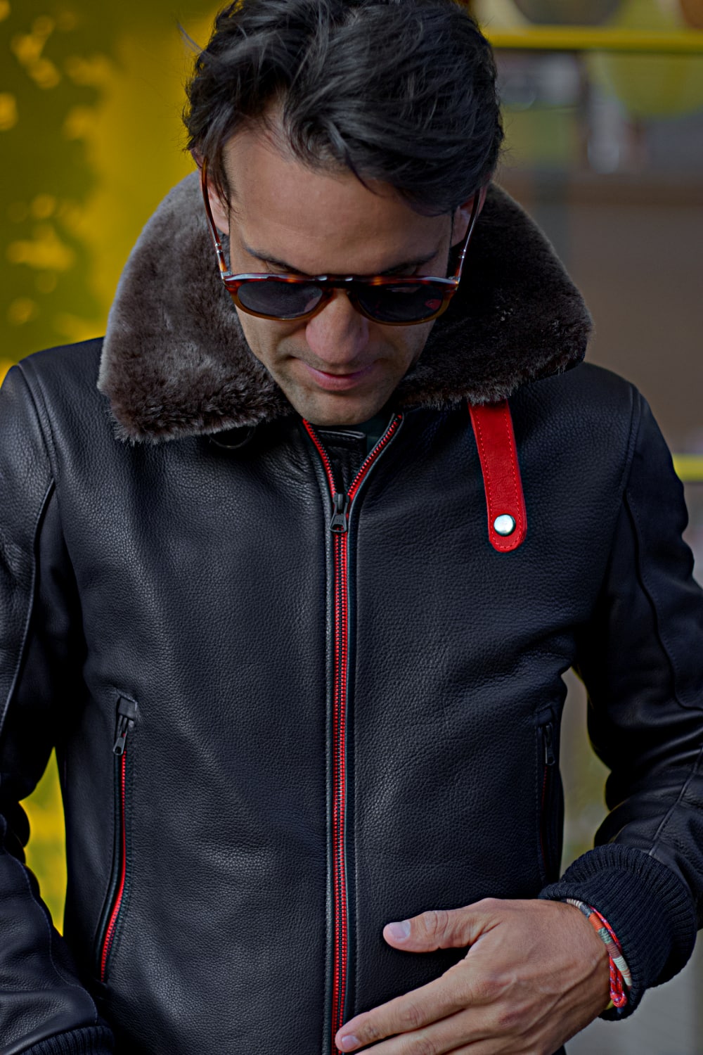 LE MANS Gulf Ed. Leather Jacket Shearling Collar Black