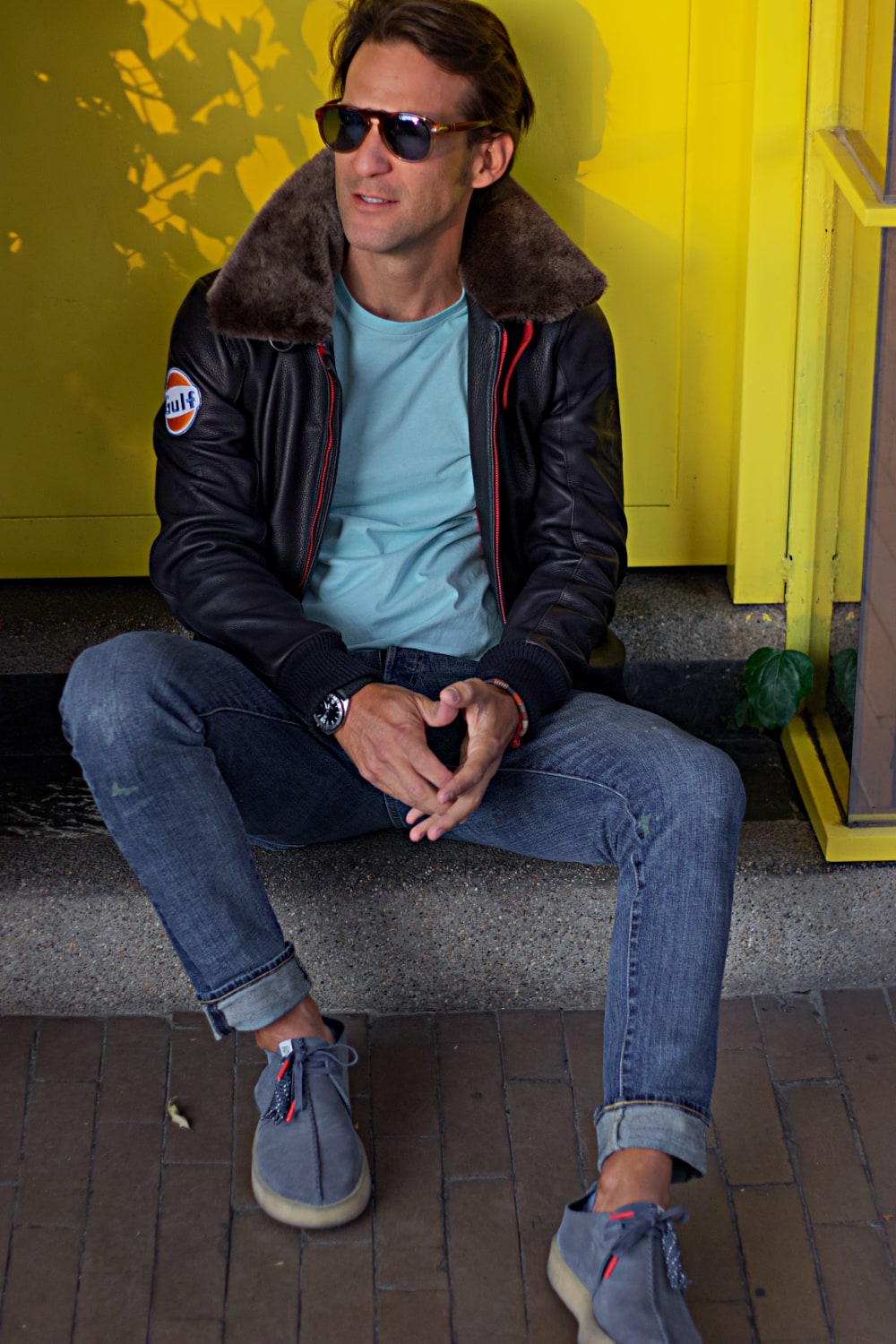 LE MANS Gulf Ed. Leather Jacket Shearling Collar Black