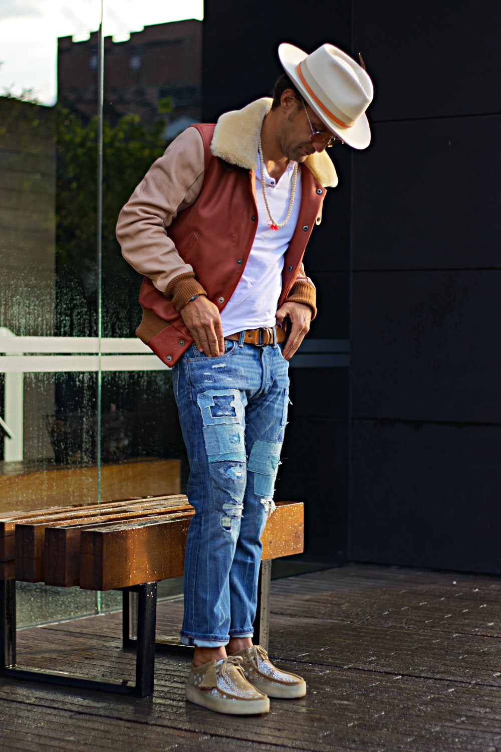 LE MANS Leather Jacket Shearling Collar Copper & Beige