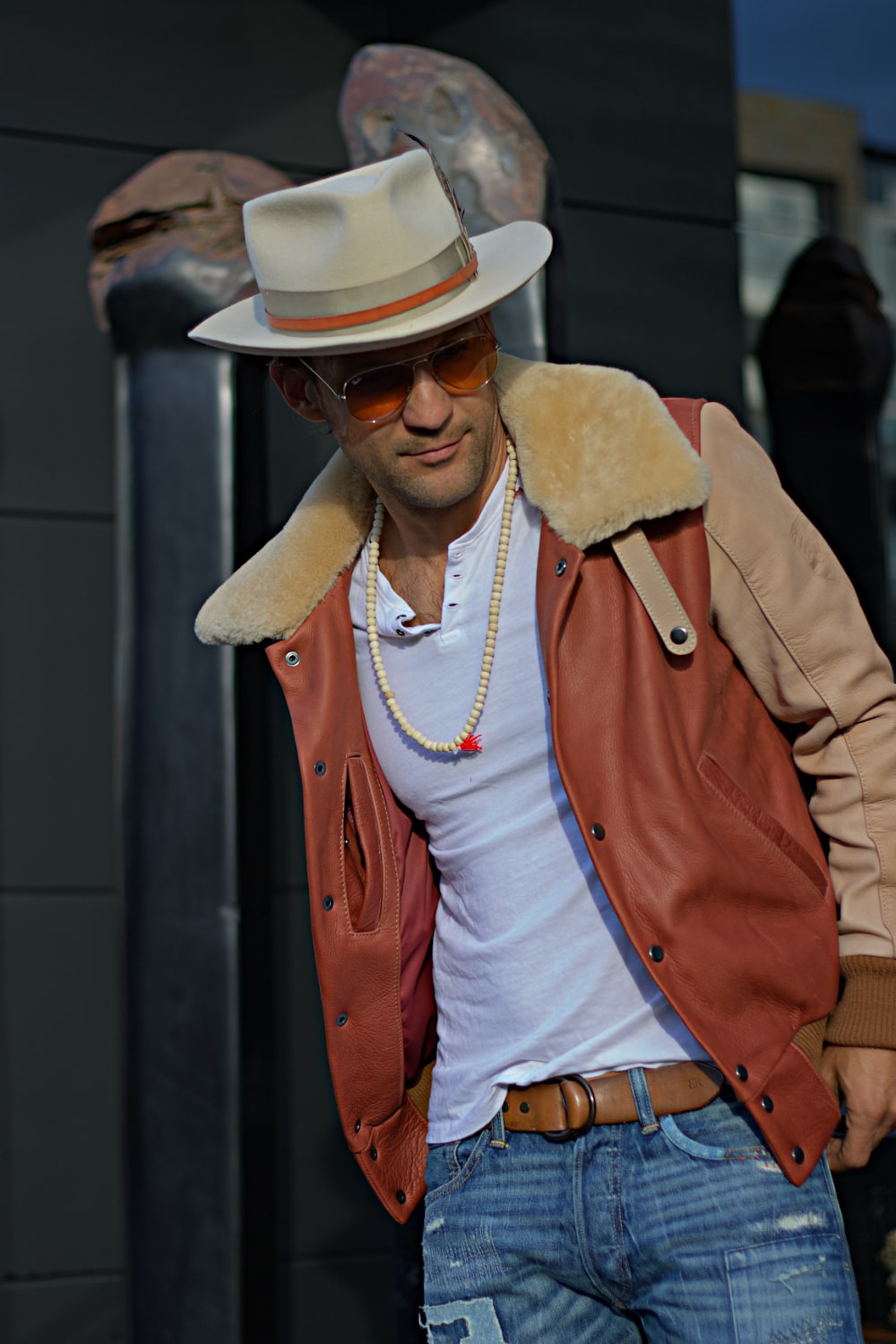 LE MANS Leather Jacket Shearling Collar Copper & Beige