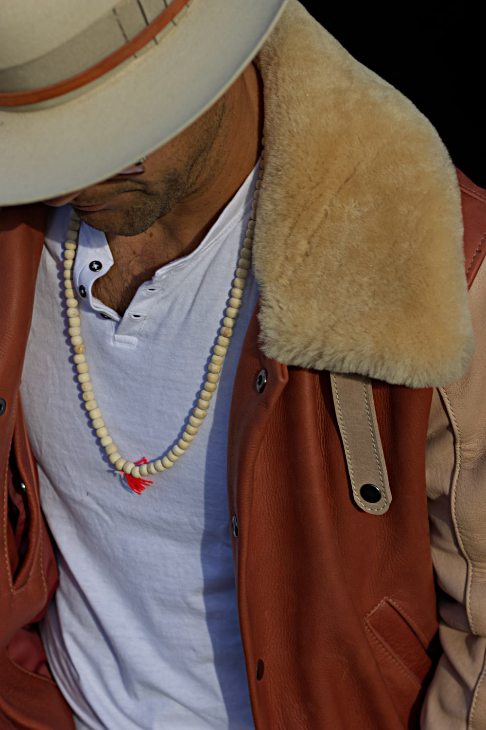 LE MANS Leather Jacket Shearling Collar Copper & Beige