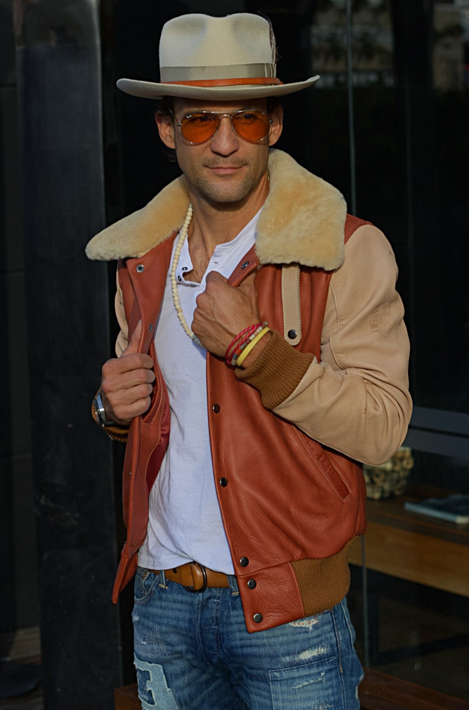 LE MANS Leather Jacket Shearling Collar Copper & Beige
