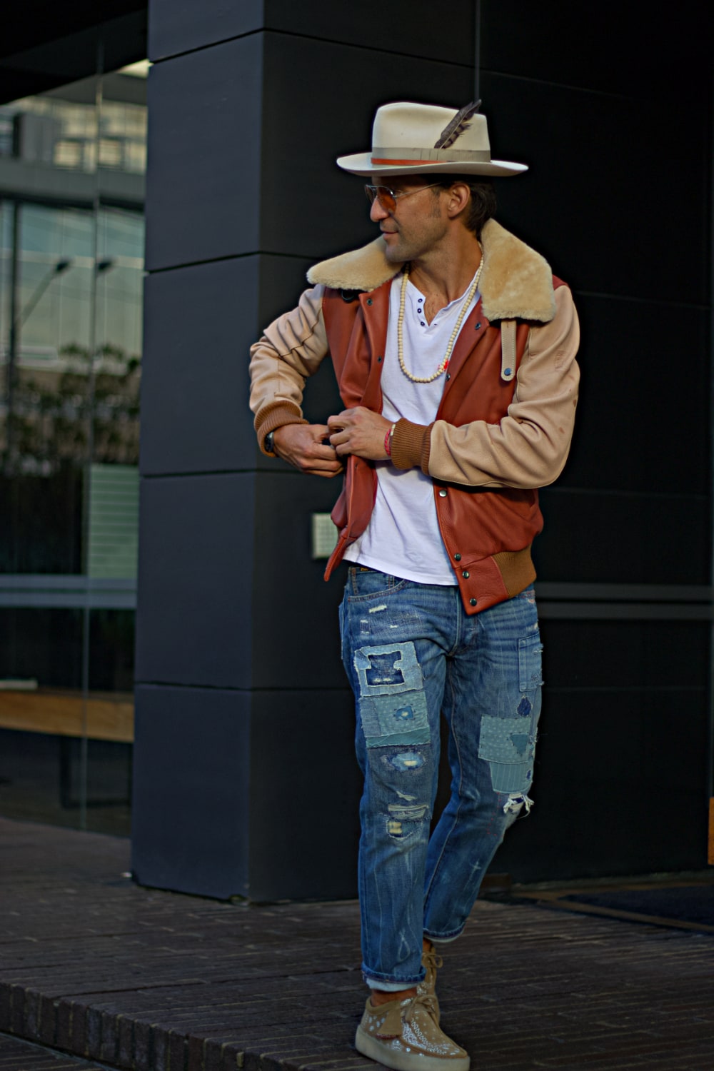 LE MANS Leather Jacket Shearling Collar Copper & Beige