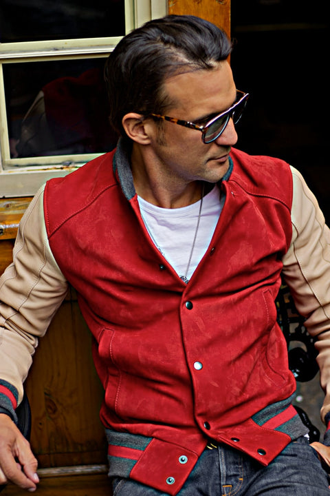 BOSTON 80 Leather Buffalo Varsity Jacket - Red & Ivory Stripes Raw Code