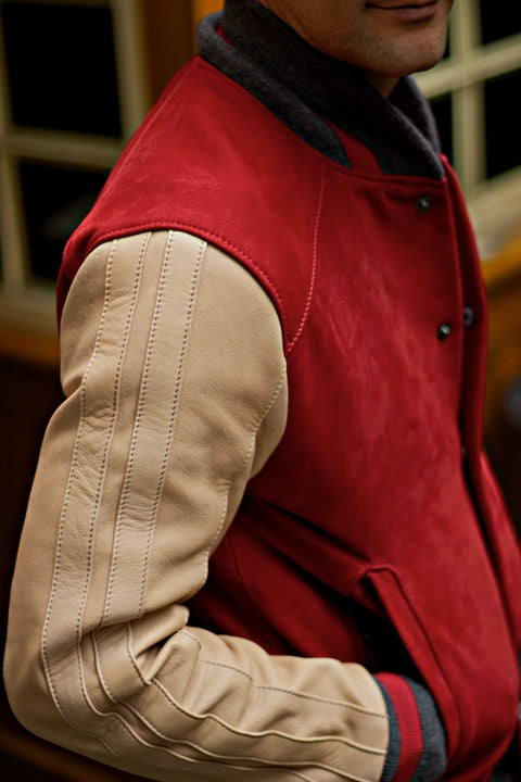 BOSTON 80 Leather Buffalo Varsity Jacket - Red & Ivory Stripes Raw Code