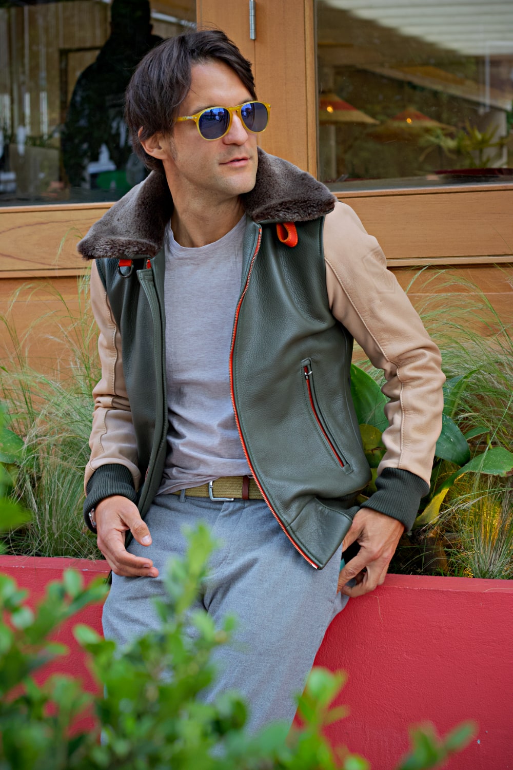 LE MANS Leather Jacket Shearling Collar Green & Beige
