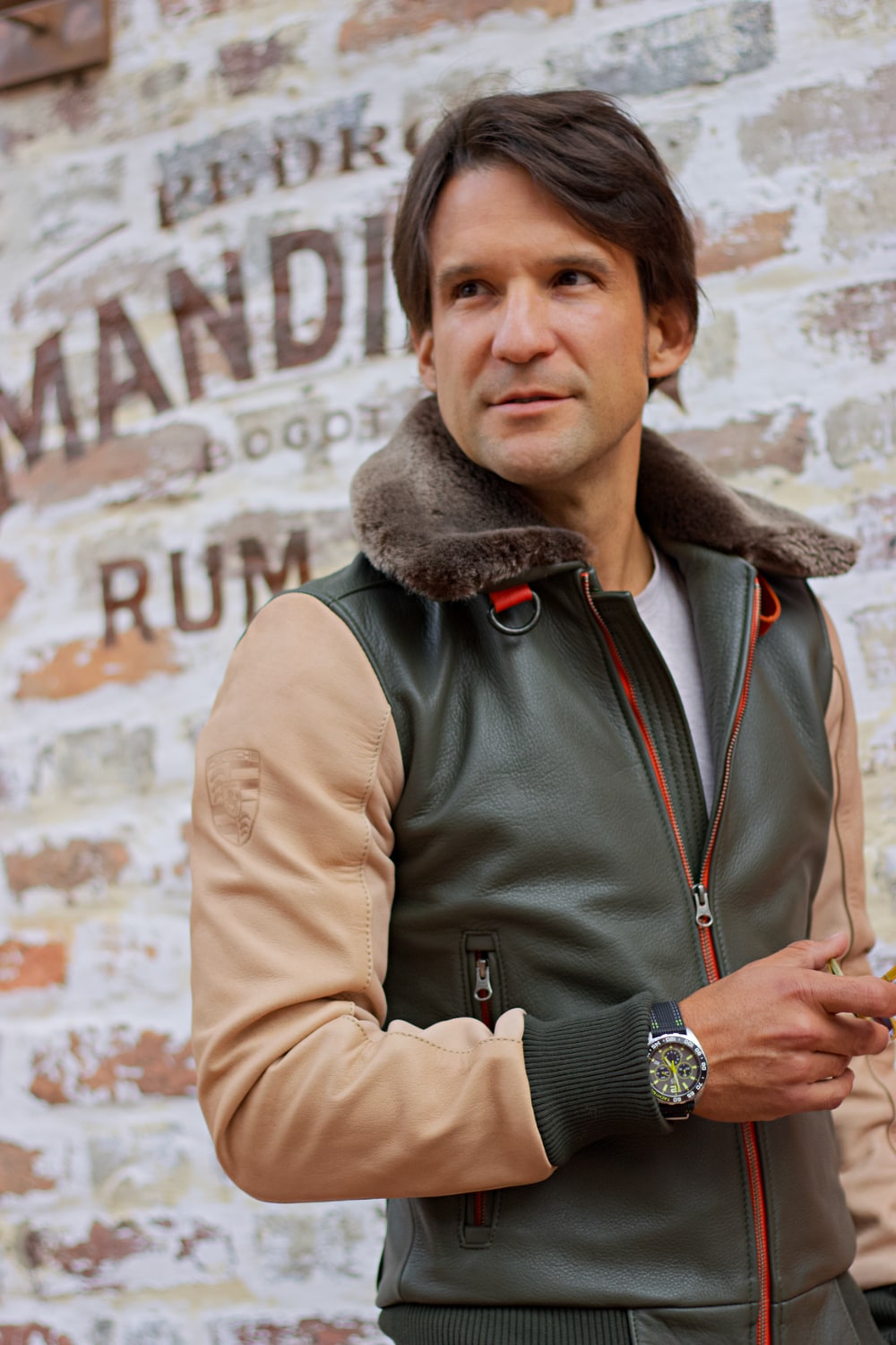 LE MANS Leather Jacket Shearling Collar Green & Beige