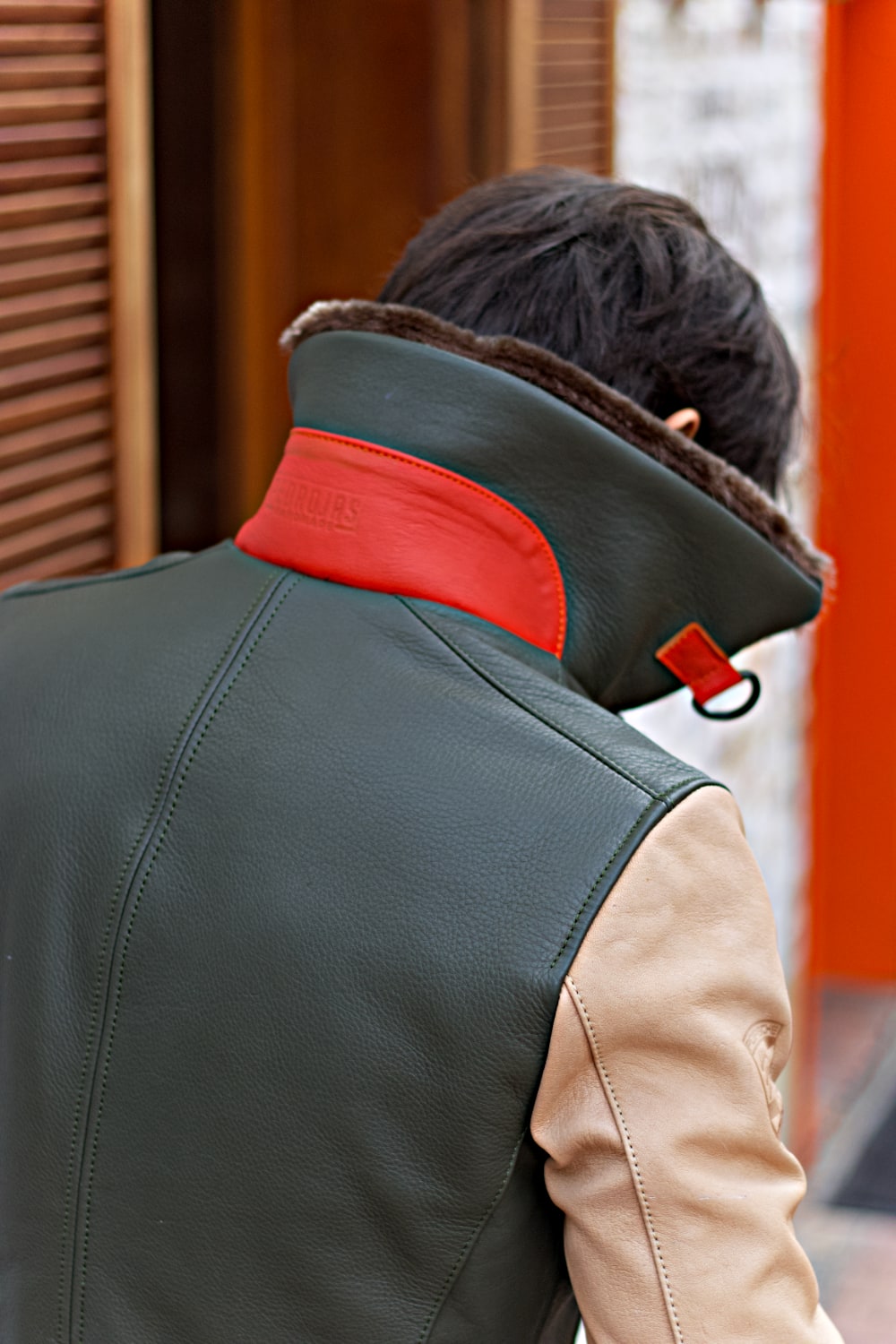 LE MANS Leather Jacket Shearling Collar Green & Beige