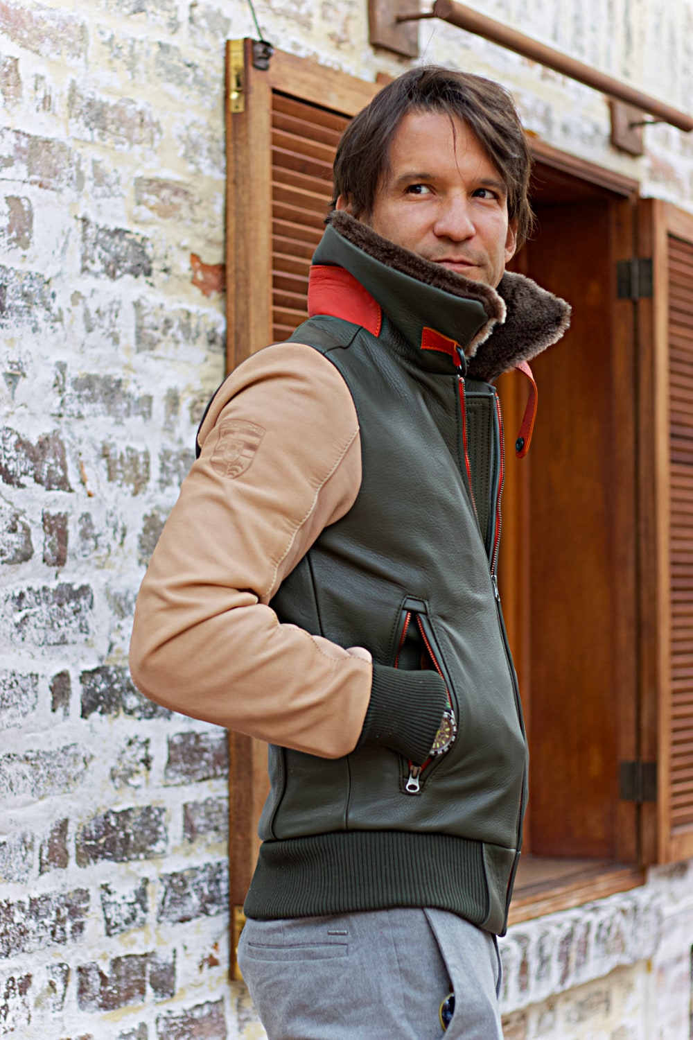 LE MANS Leather Jacket Shearling Collar Green & Beige
